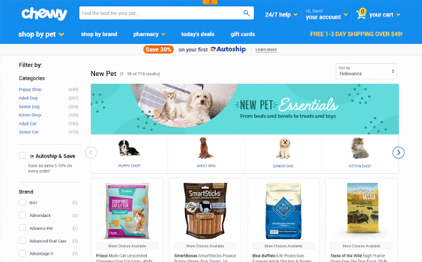 Screenshot of Chewy.com's New Pet Essentials page