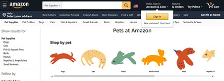 Screenshot of new Amazon Pet navigation